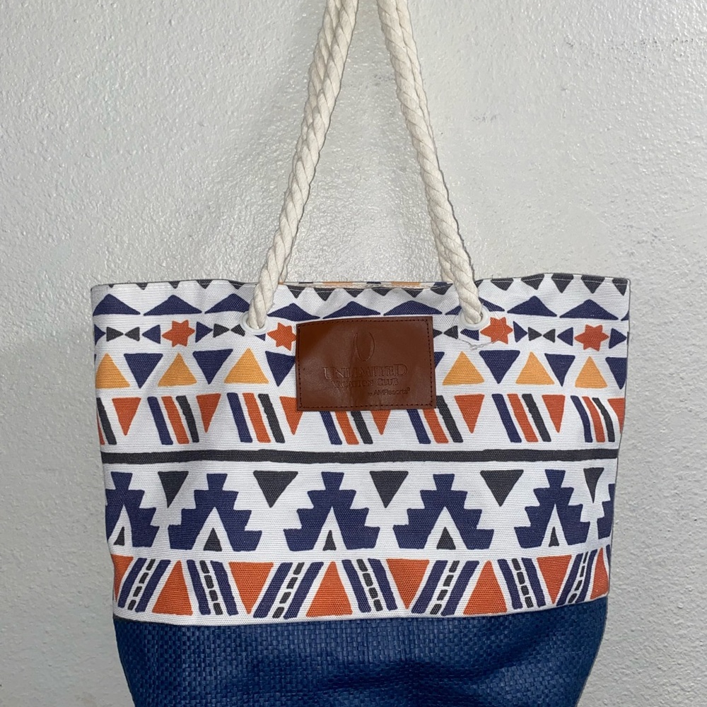 Blue and Orange Geometric Tote Bag with Durable Fabric